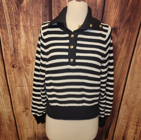 JCrew Ribbed Cotton Button Collar Sweater Size M Black/White Stripw - Picture 1 of 8